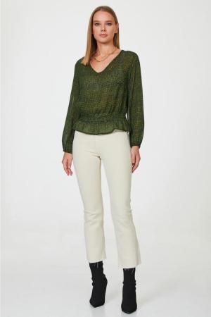 V Neck Elastic Waist Crop Blouse