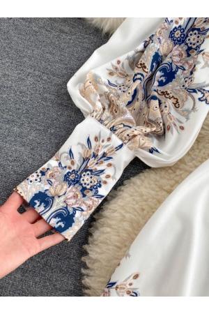 Women's White Floral Patterned Cotton Dress Long