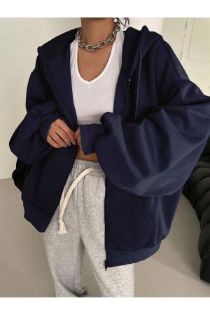 Navy Blue Hooded Cardigan