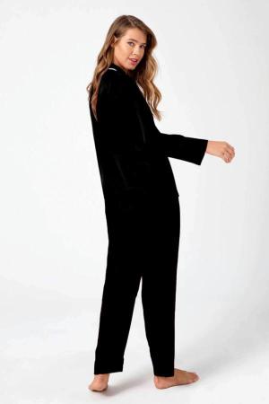 Siyah Önden Düğmeli Pamuklu Kadın Pijama Takımı