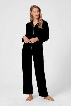 Siyah Önden Düğmeli Pamuklu Kadın Pijama Takımı
