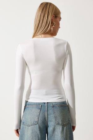 White Square Neck Viscose Knitted Blouse