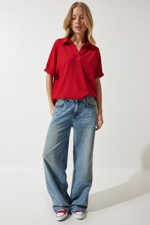 Crinkle knitted blouse with collar