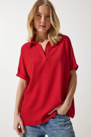 Crinkle knitted blouse with collar