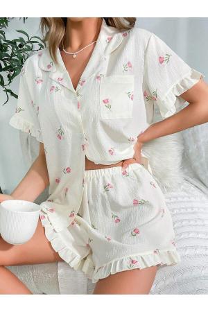 Floral Printed Ruffle Pajama Set