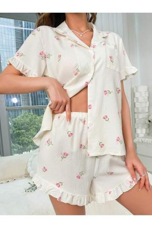 Floral Printed Ruffle Pajama Set