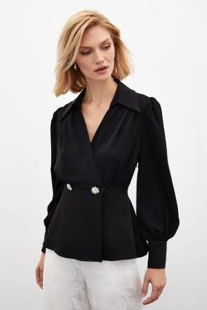 Shirt Collar Blouse - BLACK