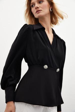 Shirt Collar Blouse - BLACK