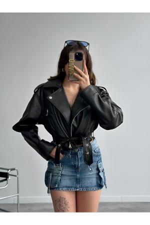 Oversized leather jacket with belt